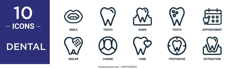 el conjunto de iconos de contorno dental incluye una sonrisa de línea delgada, diente, encías, diente, cita, molar, iconos caninos para informe, presentación, diagrama, Diseño web