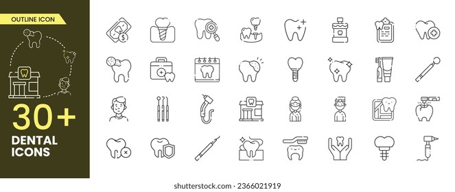 Dental outline Icons collections. Dentist, care, disease, teeth whitening, removal, broken, root canal, tooth filling and wisdom teeth. Vector Icons collections