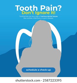 A dental pain awareness social media post featuring a concerned woman experiencing a toothache. Ideal for promoting dental health, emergency dentist services, and oral hygiene education.