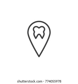 Dental pin point location line icon, outline vector sign, linear style pictogram isolated on white. Tooth with map pin symbol, logo illustration. Editable stroke