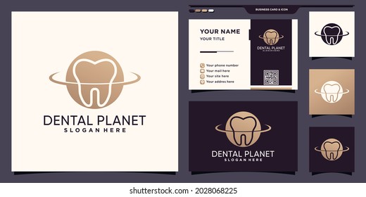Dental planet logo with negative space concept and business card design Premium Vector