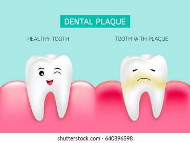 Placa dentária com inflamação e dente saudável. Design bonito dos desenhos animados, ilustração isolada no fundo verde. Conceito de cuidados odontológicos.