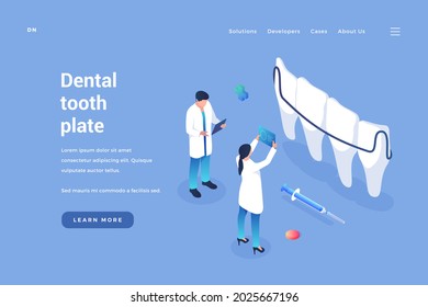 Dental plate implantation in dentistry. Doctors look at xrays of mouth to place jaw braces. Prosthetics and dental care with modern technologies. Vector isometric home page template