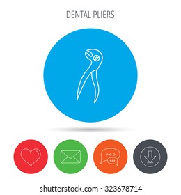 Dental pliers icon. Stomatological forceps tool sign. Mail, download and speech bubble buttons. Like symbol. Vector