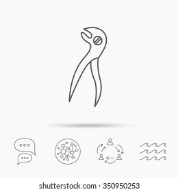 Dental pliers icon. Stomatological forceps tool sign. Global connect network, ocean wave and chat dialog icons. Teamwork symbol.