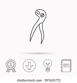 Dental pliers icon. Stomatological forceps tool sign. Download arrow, lamp, learn book and award medal icons.