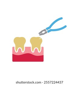 Dental pliers removing a cracked tooth from gum tissue. Suitable for dental surgery or oral health related designs and educational materials.