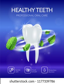 Dental poster with realistic healthy tooth in swirl of mint leaves on blurred blue background vector illustration