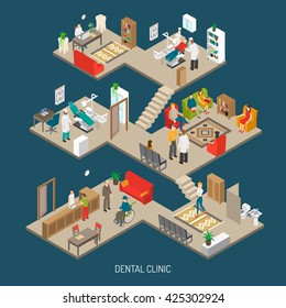 Dental Practice Clinic Building Isometric Composition Poster With Operation Room  Doctor Office And Reception Abstract Vector Illustration 