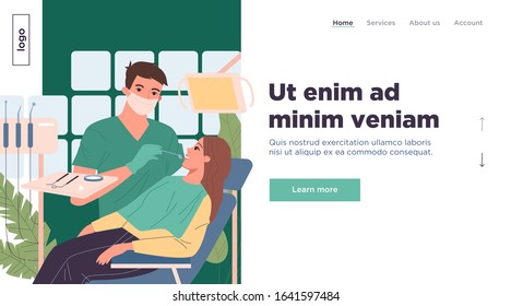 Dental practitioner examining patient. Dentist in mask, tool, woman in chair flat vector illustration. Clinic, teeth care, dentistry concept for banner, website design or landing web page