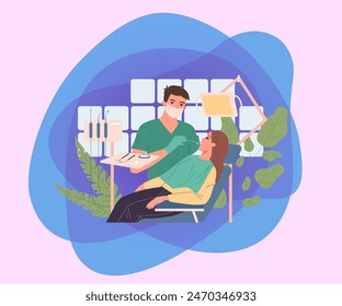 Dental practitioner examining patient. Dentist in mask, tool, woman in chair flat vector illustration. Clinic, teeth care, dentistry concept for banner, website design or landing web page