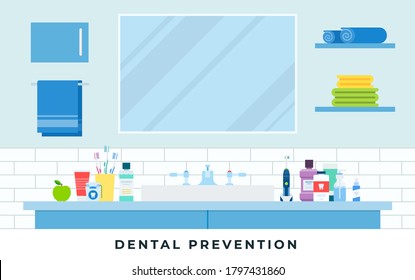 Ilustración plana vectorial de prevención dental. El cuidado oral y los productos de higiene en el baño.