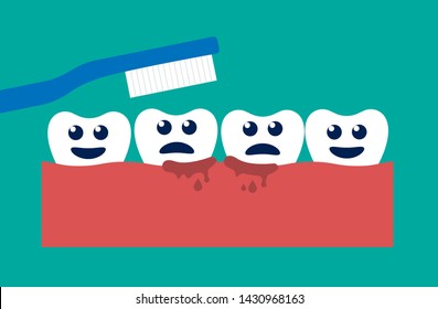 dental problem cartoon - gingivitis tooth / blood bleeding. Brushing teeth with bleeding on gum.tooth concept gingivitis or scurvy, flat design.inflamed tooth
