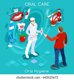 Dental problem concept with cartoon character of dentist woman. Health care health elements infographic vector isometric design smoking illustration 