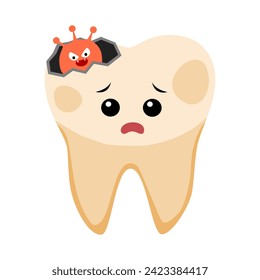 Problema dental. Dientes deshidratados amarillos tristes con dibujos de vector bacterias.