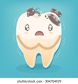 Dental problem - Sad yellow decayed teeth fear with bacteria vector cartoon