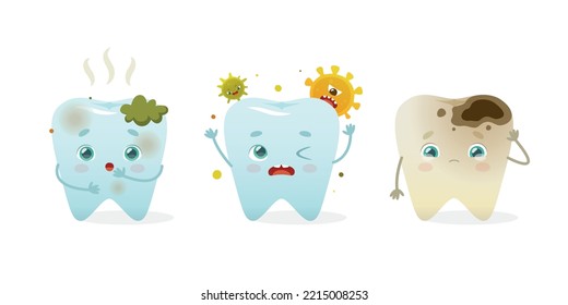 Dental problem set with cute character. Cartoon tooth mascot collection. Baby tooth with caries.