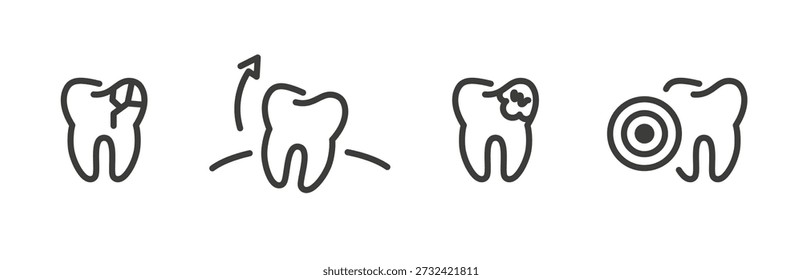 Icono de conjunto de problemas dentales, íconos de caries, grietas en el esmalte, extracción de dientes, dolor de muelas, Arte vectorial de línea