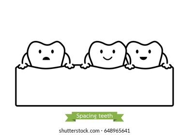 dental problem - spacing teeth ( diastema ) - tooth cartoon vector outline style, cute character for design
