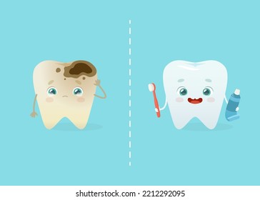 Zahnprobleme und Zahnhygiene. Cartoon Zahn Maskottchen mit Karies vs. Zahnbürste.