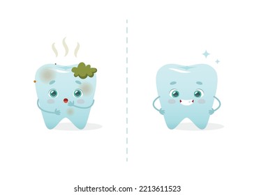 Dental problem and tooth hygiene. Cartoon mascot of dirty tooth vs clean white tooth.