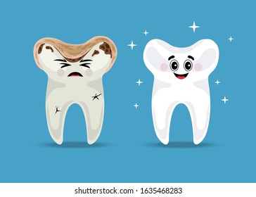 Dental problems awareness flat funny composition with bad decayed and happy healthy shining teeth background vector illustration 