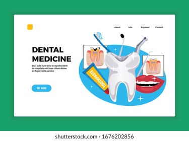 Dental problems page design with payment info and contact symbols flat vector illustration