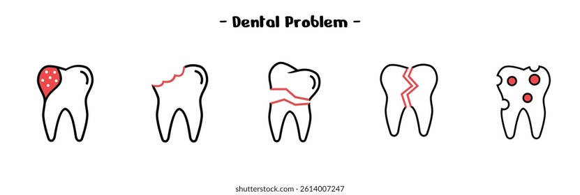 Dental problems set design, caries, sensitive, cavities and broken.