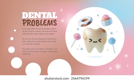 Dental problems vector banner design. 3D realistic unhealthy sad teeth exposed to sweets. Cartoon toothache problems, upset tooth with caries damage. Oral hygiene prevention