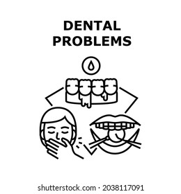 Concepto de Icono del vector de problemas dentales. Humanos Con Problemas Dentales Y Mala Respiración, Inflamación De Goma Y Sangre. Doctor Examinando Dientes Pacientes En El Gabinete De Estomatología Ilustración Negra