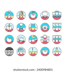 iconos de clínica de procedimiento dental conjunto vector. odontólogo, implante odontológico, diente de cuidado, oral de salud, tratamiento, procedimiento odontológico clínico ilustraciones de la línea de color