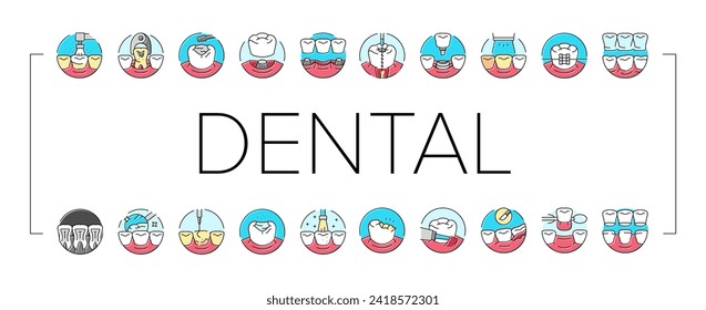 iconos de clínica de procedimiento dental conjunto vector. odontólogo, implante odontológico, diente de cuidado, oral de salud, tratamiento, procedimiento odontológico clínico ilustraciones de la línea de color