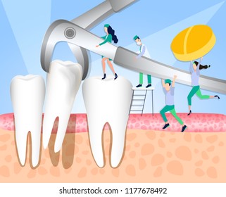 Dental procedure is the removal of the patient's tooth. Violation of enamel, tooth infection, bacteria. Dentistry, treatment of toothache. Vector illustration