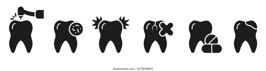 Dental Procedure Silhouette Icon Set. Orthodontic Care, Tooth with Caries Glyph Pictogram. Dental Treatment Solid Sign. Tooth Drilling, Cracked Teeth. Dentistry Symbol. Isolated Vector Illustration.