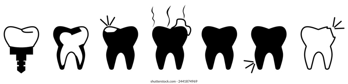 Dental Procedure Silhouette Icon Set. Orthodontic Care, Tooth with Caries Glyph Pictogram. Dental Treatment Solid Sign. Tooth Drilling, Cracked Teeth. Dentistry Symbol. Isolated Vector Illustration