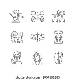 Dental procedures linear icons set. Dental care. Sleeping dentistry. Orthodontics practice. Customizable thin line contour symbols. Isolated vector outline illustrations. Editable stroke