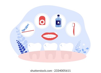 Productos dentales para hermosa ilustración vectorial de sonrisa. Cepillo de dientes, pasta dental, hilo dental y enjuague bucal para dientes sanos e higiene bucal. Atención dental, concepto de salud