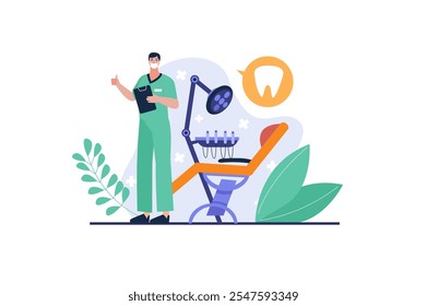 A dental professional stands beside an equipped dental chair in a bright environment with leaves. Vector illustration