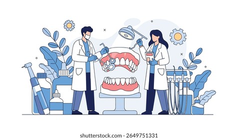 Dentistas que examinam um conjunto de dentes e equipamentos dentários para pesquisa científica e desenvolvimento de saúde bucal