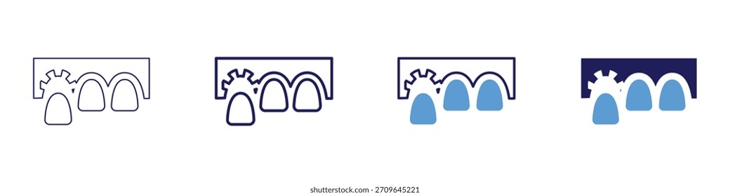 Icono de prótesis dental en 4 estilos diferentes. Línea delgada, línea, línea en negrita, duotono. Estilo duotono. Trazo editable.
