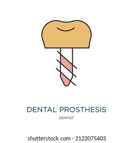 dental prosthesis icon from dentist collection. Thin outline dental prosthesis, medical, denture detailed offset lineal color icon isolated on white background. Line vector dental prosthesis sign, 