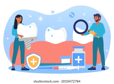 Dental prosthetics concept. Doctors examine the oral cavity with magnifying glass and insert prostheses. Dental care. Beautiful smile. Cartoon flat vector illustration isolated on a white background