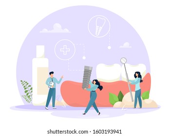 Dental prosthetics concept, tiny human are putting a tooth implant. Vector illustration in cartoon flat style.