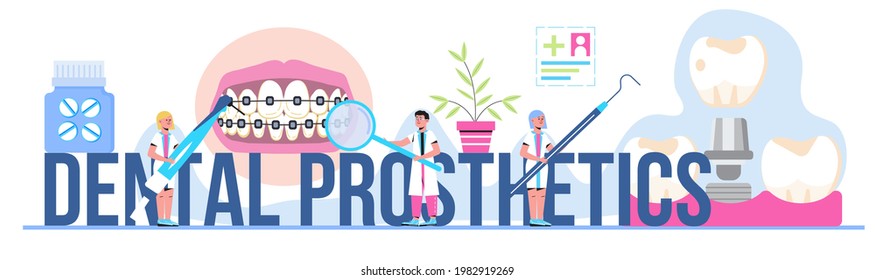 Dental prosthetics concept vector. Caries, tartar or tooth cyst treatment. Dental crown and filling, whitening of teeth. Removal tooth and x-ray. Orthodontist treat  pulpitis, periostitis, alveolitis.