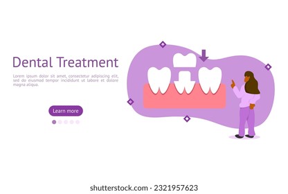 dental prosthetics illustration set. characters seen tooth wear crown to make the permanent tooth less damaged. dental crown treatment concept. vector illustration.