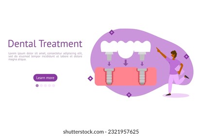 dental prosthetics illustration set. characters seen dentist inserts two implant body into gum to prepare abutment with bridge. dental bridge implant treatment concept.