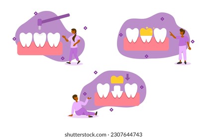 dental prosthetics illustration set. dentist is sharpening tooth to prepare for crown. golden crown for beauty and durability. dental golden crown treatment concept. vector illustration.