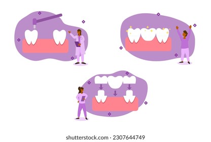 dental prosthetics illustration set. dentist is sharpening teeth to prepare for bridge. dental bridges bring back damaged teeth. dental crown and brigde treatment concept. vector illustration.