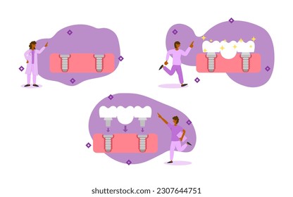 dental prosthetics illustration set. dentist inserts two implant body into gum to prepare abutment with bridge. dental bridge implant to replace missing teeth. dental bridge implant treatment concept.