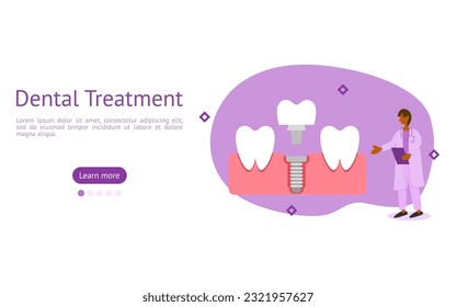 dental prosthetics illustration set. dentist inserts implant body into gum to prepare abutment with crown. dental implant treatment concept vector.